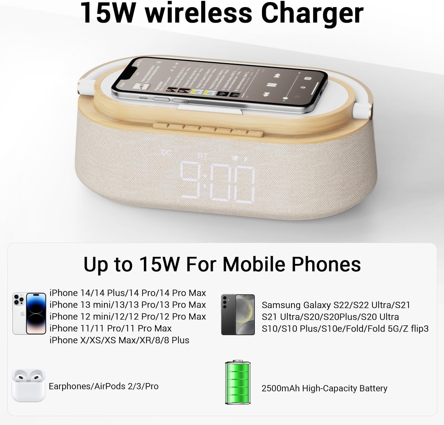 Yellow Bluetooth Speaker Alarm Clock Wireless Charger LED Night Light Radio