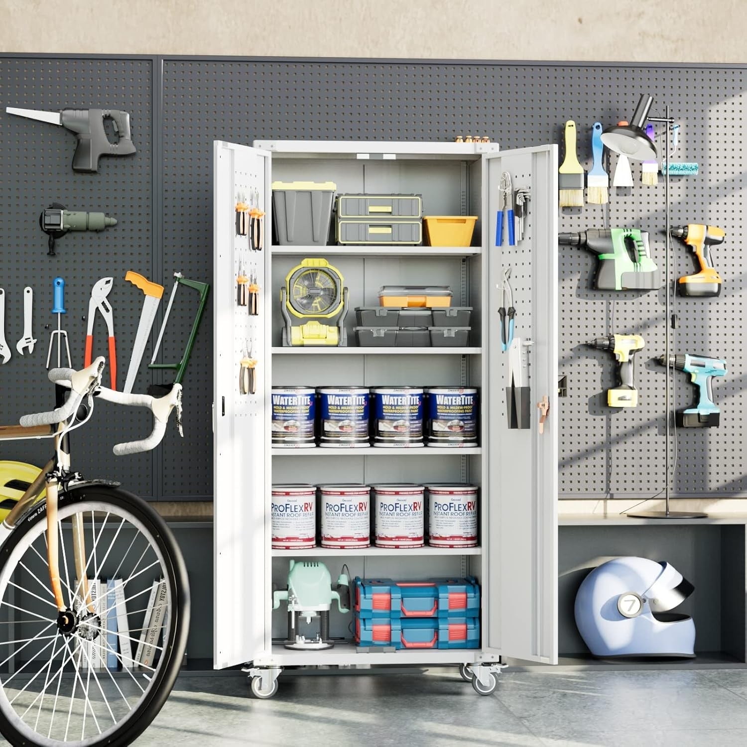 Tall Metal Storage Cabinet 183cm Lockable Doors Shelves Wheels Garage Office