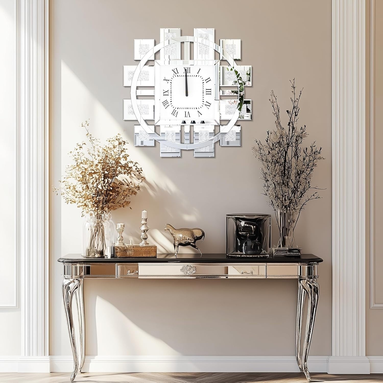 60cm Mirrored Wall Clock Crushed Diamond Inlay Roman Numerals Silent
