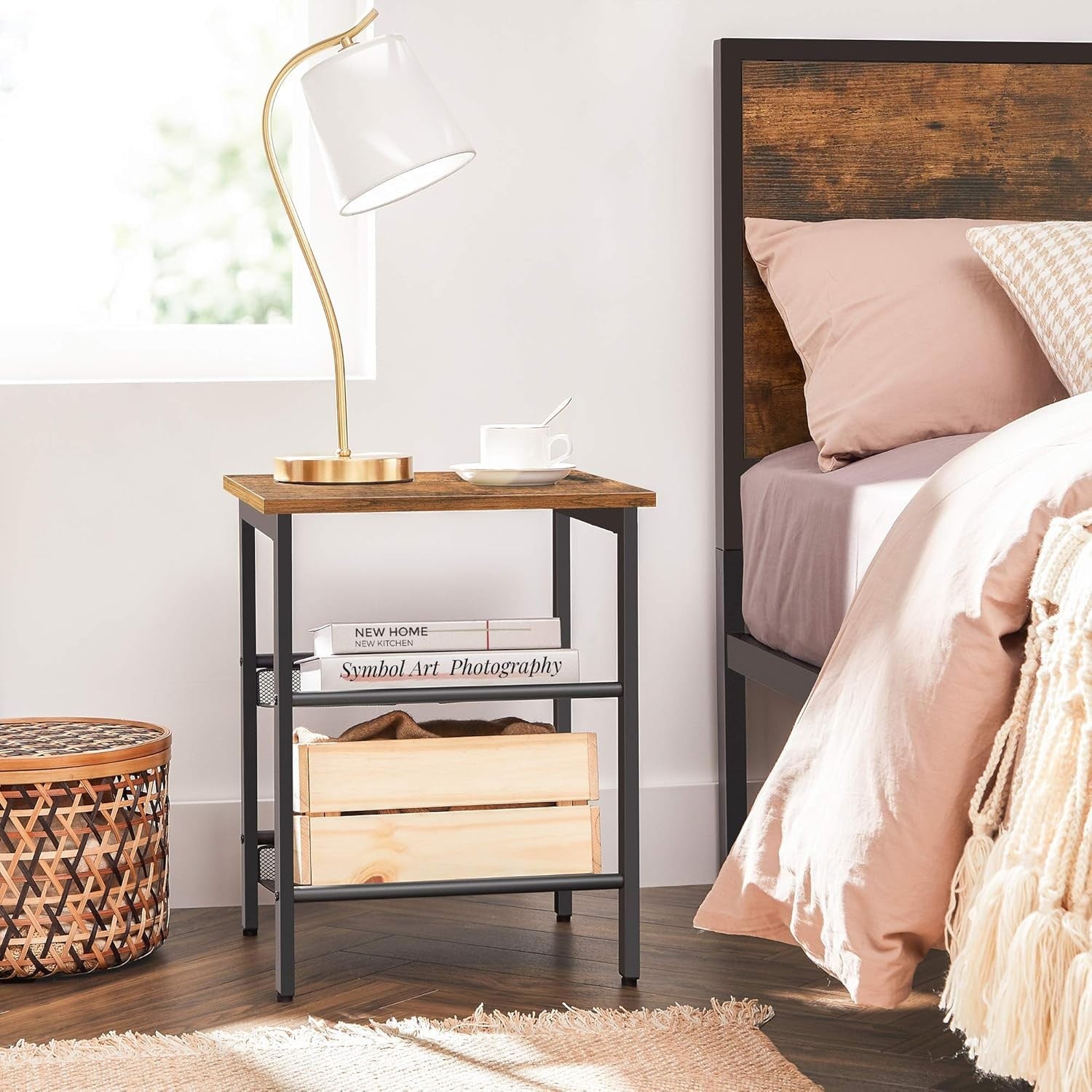 Set of 2 Industrial Bedside Tables with Shelves, Rustic Wood Side Tables