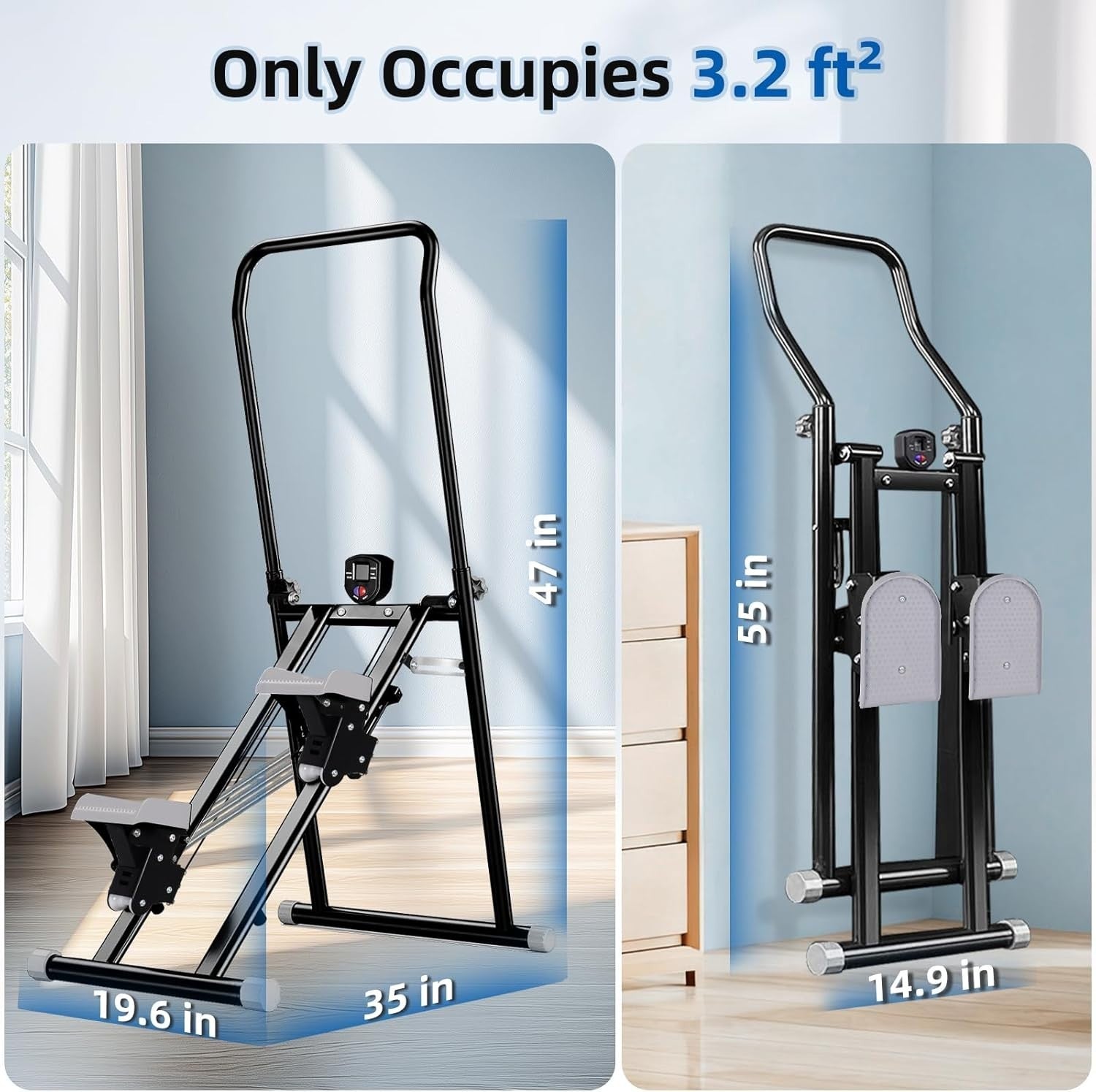 Foldable Stair Climber w/ LCD Monitor, 3-Level Resistance & Adjustable Handlebar