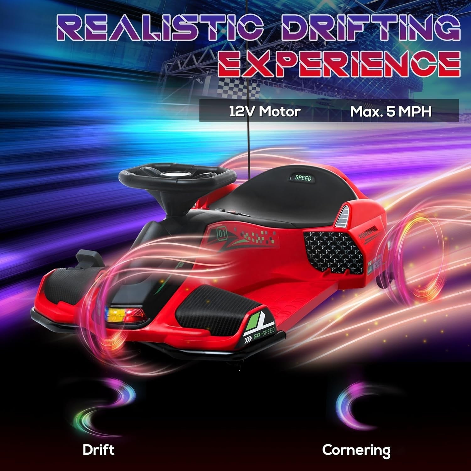 12V Electric Drift Go Kart Kids Ride On Car LED Lights Music 50kg Red