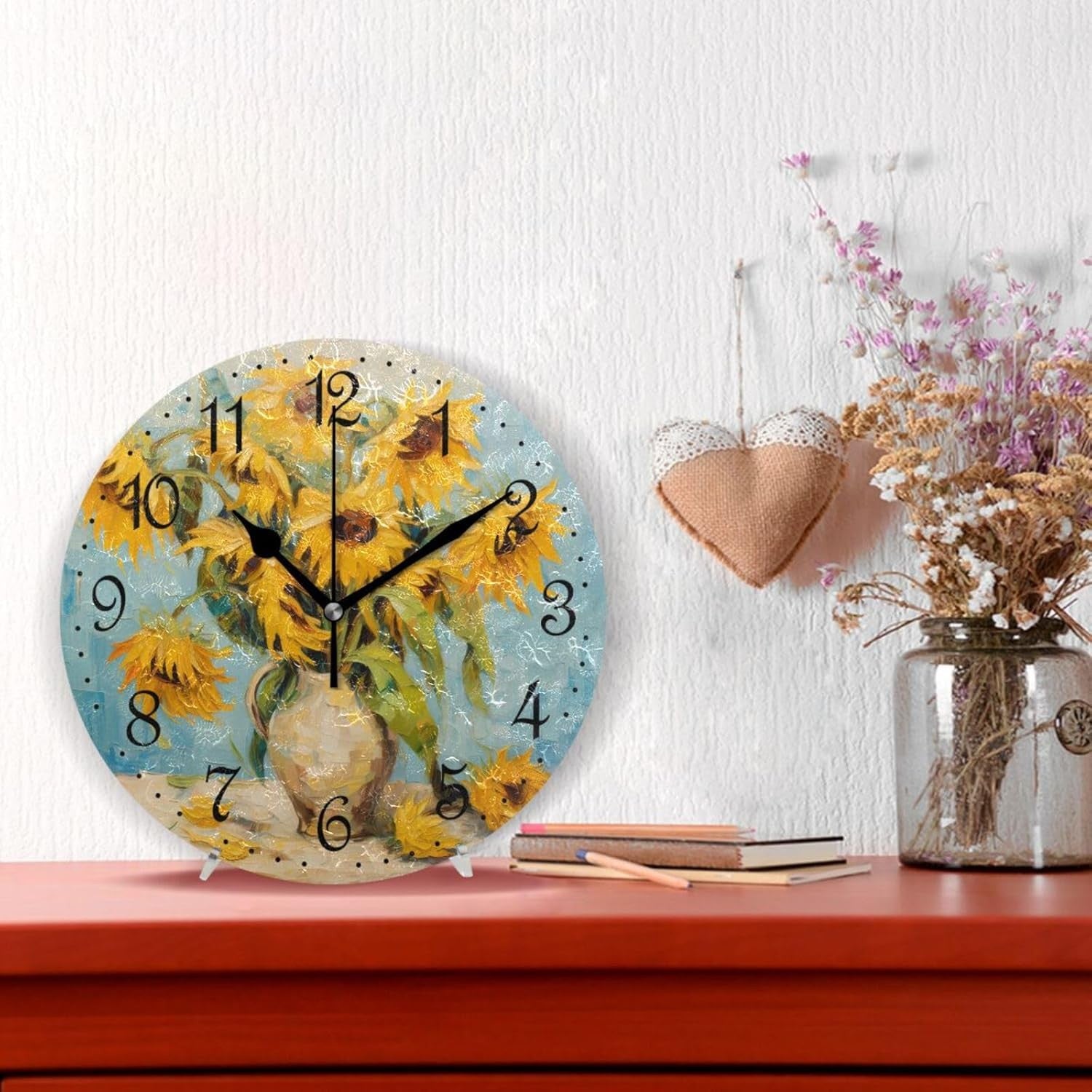 25cm Sunflower Wall Clock – Silent Non-Ticking Floral Vase Rustic Home Decor