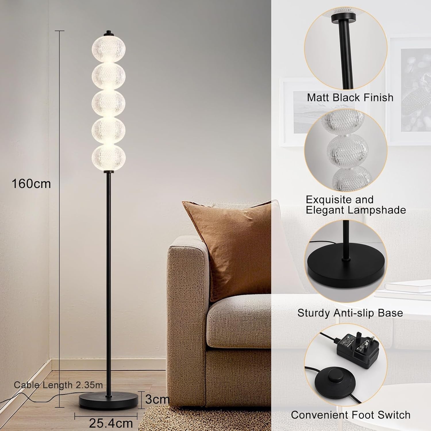 LED Floor Lamp Black 2400LM Bright Standing Light 3 Colour Temperatures