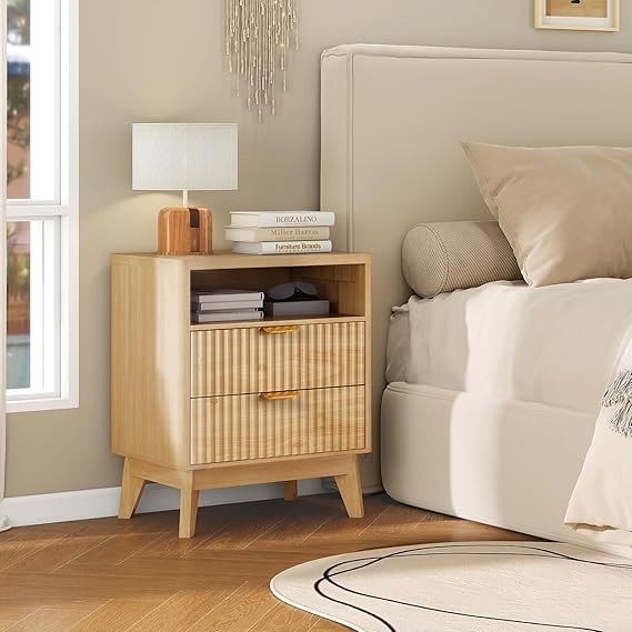 Natural Wood Bedside Table with Shelf & 2 Drawers | Modern Nightstand