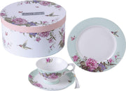 Vintage Floral Tea Cup Saucer Dessert Plate Set Gift Box Porcelain 3pc