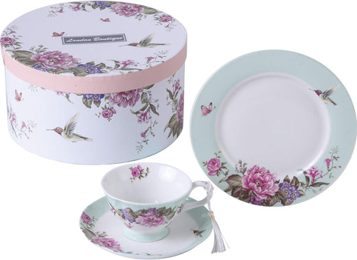 Vintage Floral Tea Cup Saucer Dessert Plate Set Gift Box Porcelain 3pc