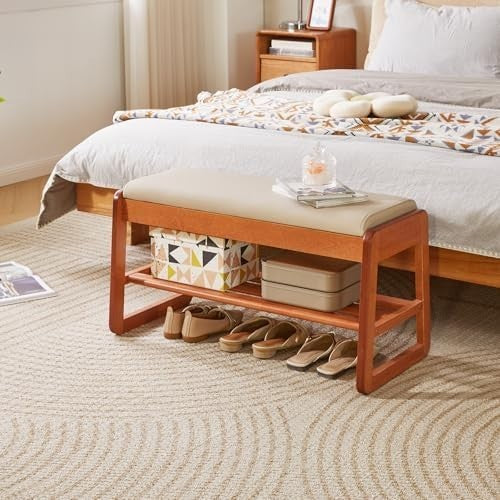 Cherry Wood Shoe Storage Bench with Cushion & Flip-Top – Modern Hallway Seat