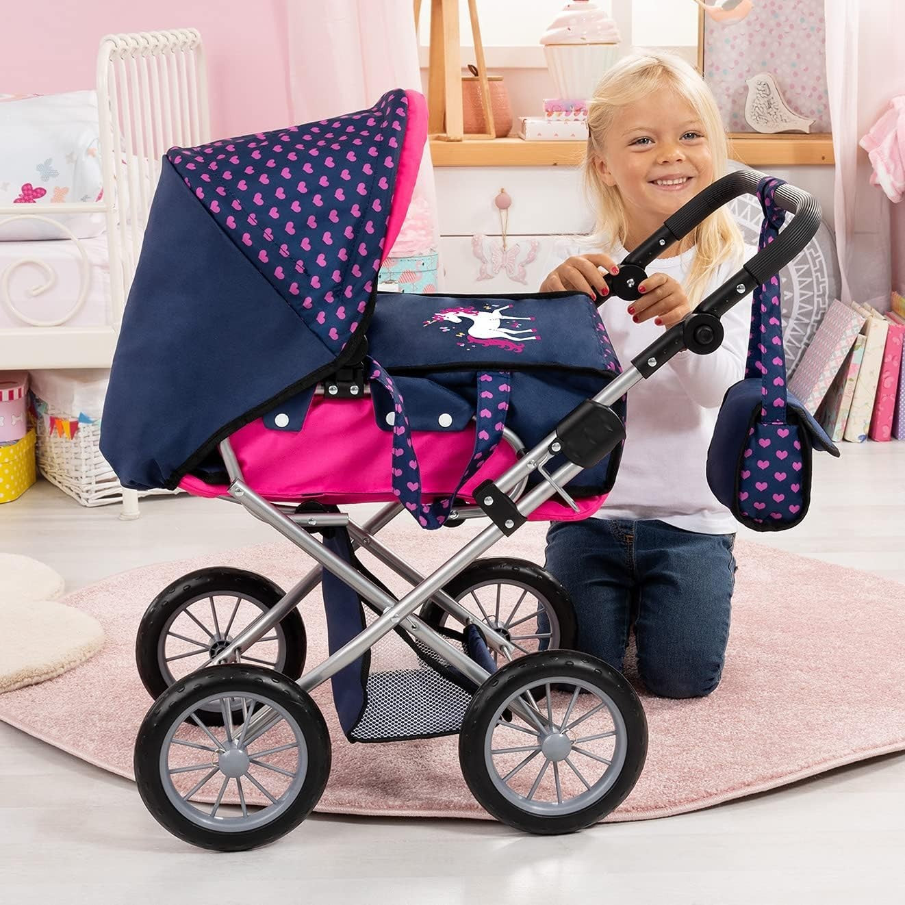 Unicorn Doll Pram Convertible Stroller Adjustable Handle Basket Bag
