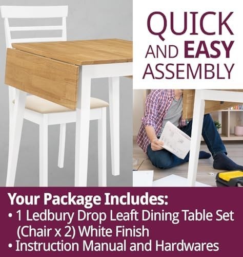 Small Drop Leaf Dining Table & 2 Chairs White & Oak Foldable Set