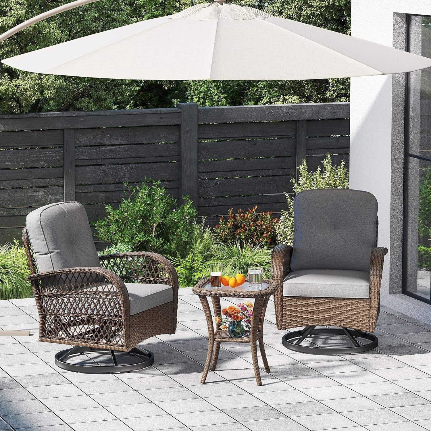 360° Swivel Rattan Patio Chairs Set w/Table Cushions Outdoor Garden