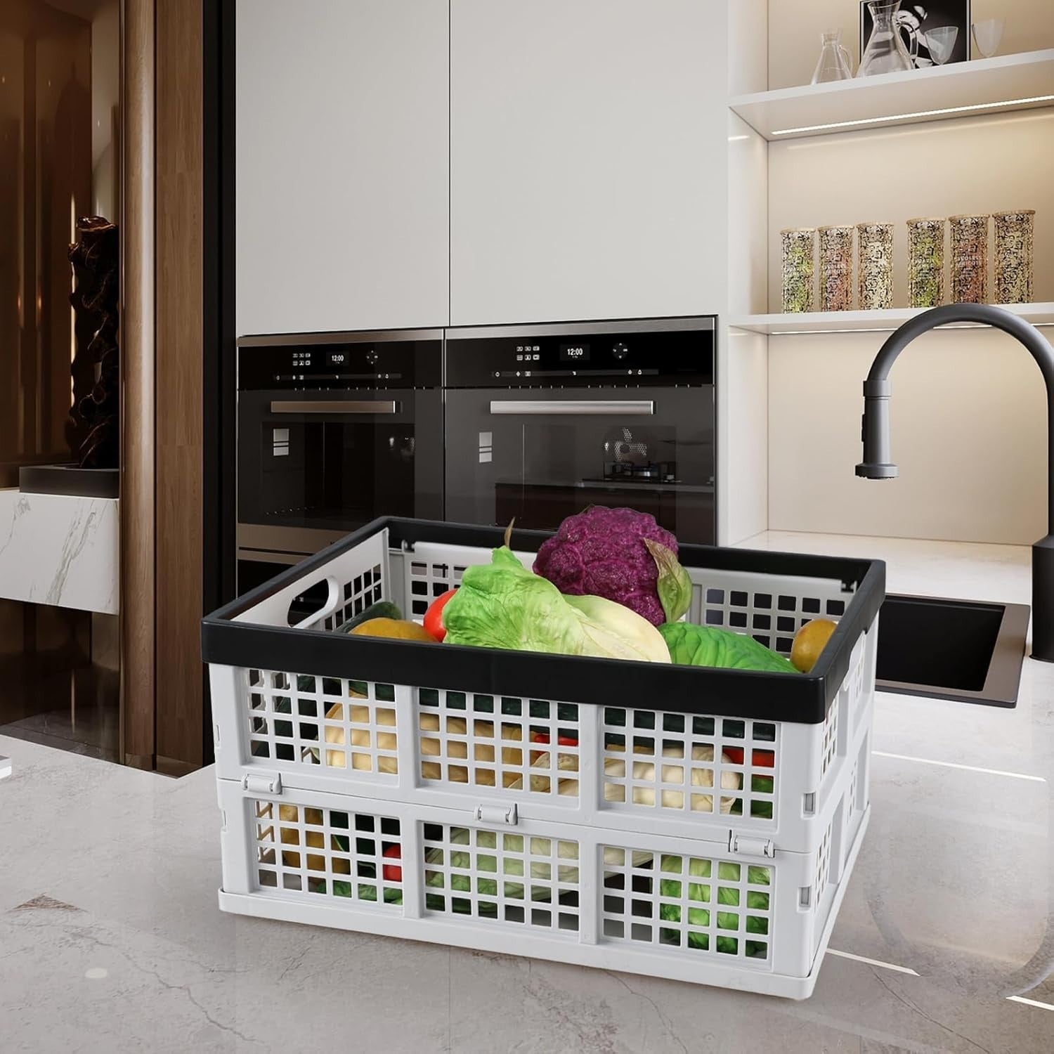 Foldable Plastic Storage Crates 44x33.5x23cm – Collapsible Stackable Bins White