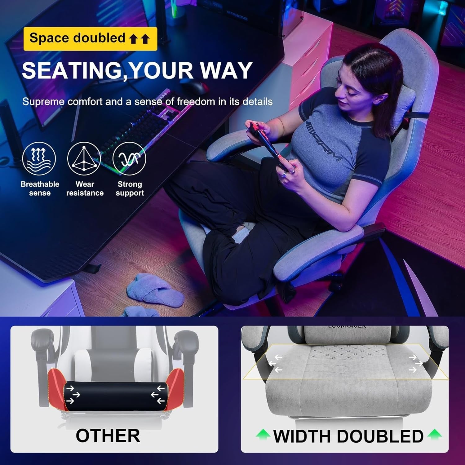 Fabric Gaming Chair with Footrest Ergonomic Recliner Lumbar Support
