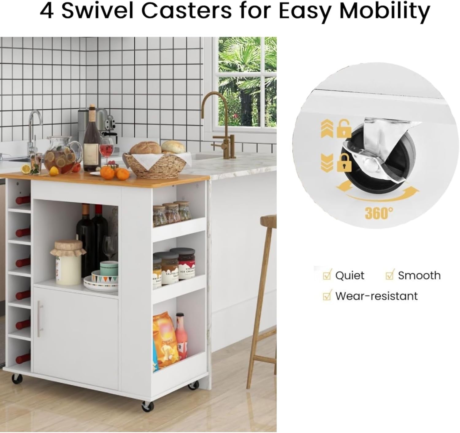 Rolling Kitchen Island Trolley Bamboo Top Wine Rack