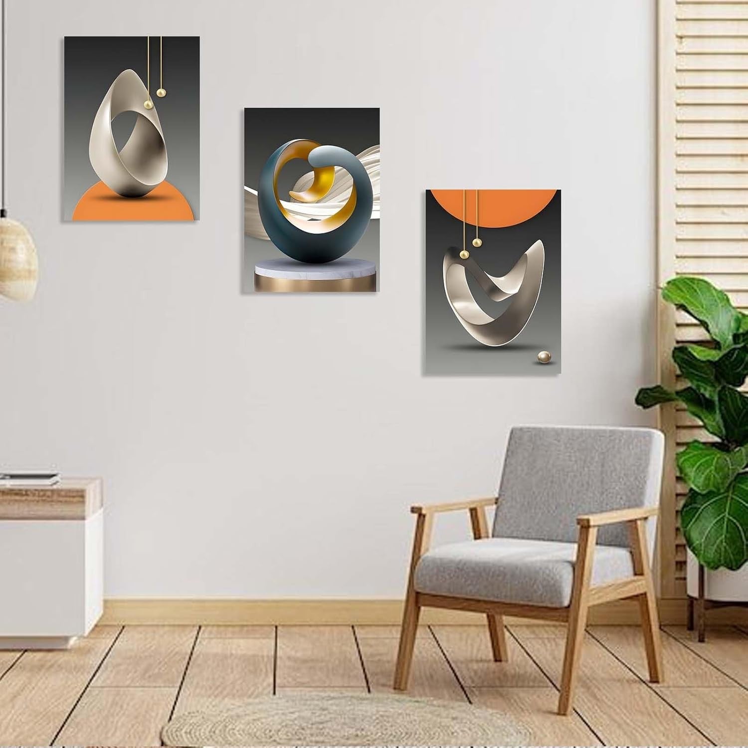 Set of 3 Abstract Geometric Canvas Wall Art 12x16 Framed Modern