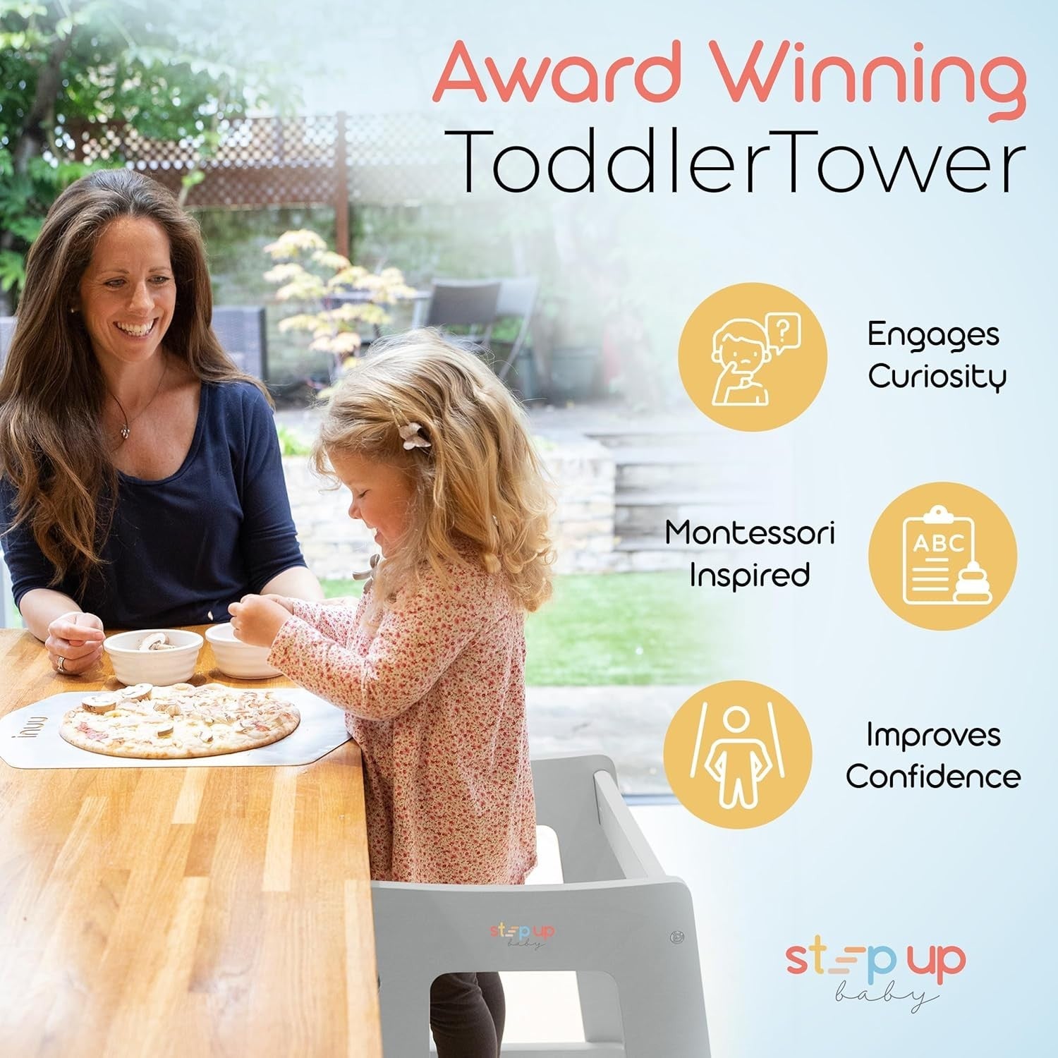 Adjustable Toddler Learning Tower with Safety Rail & Non-Slip Step, Grey
