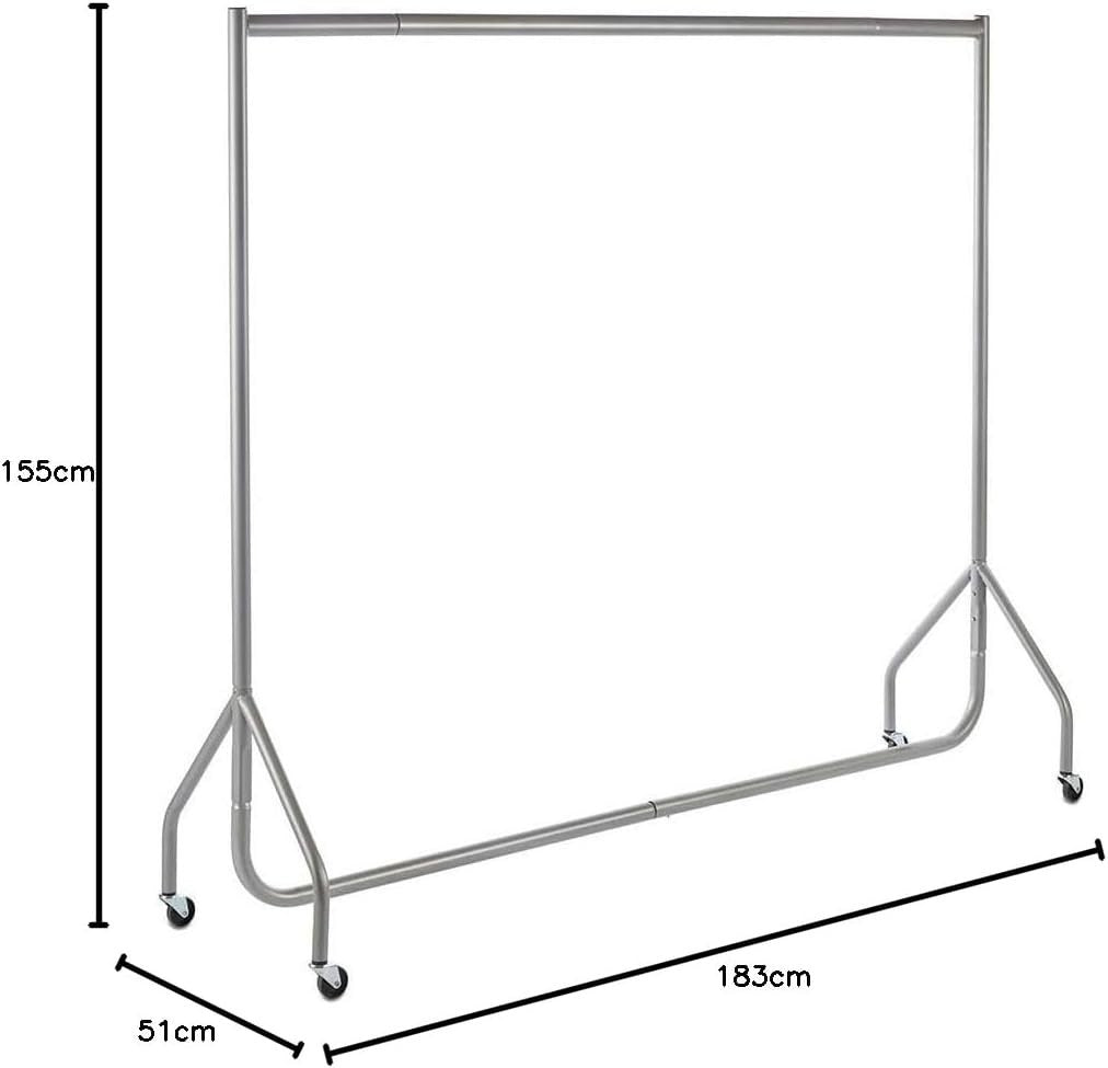 Heavy Duty Clothes Rail 6ft Steel Silver, 100kg Load, Free Standing with Wheels