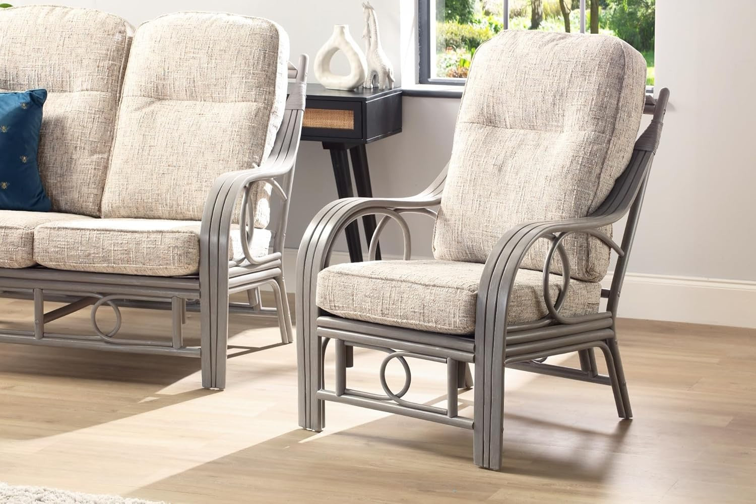 Grey Rattan Conservatory Armchair Indoor Cane Chair with Luxury Cushions