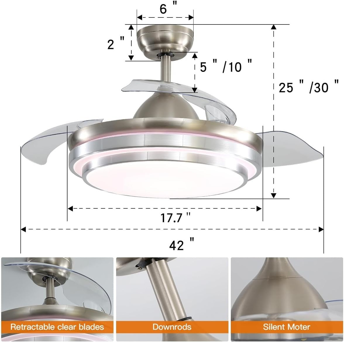 Warmiehomy 42" Ceiling Fan with Lights Retractable Blades 36W LED Sliver