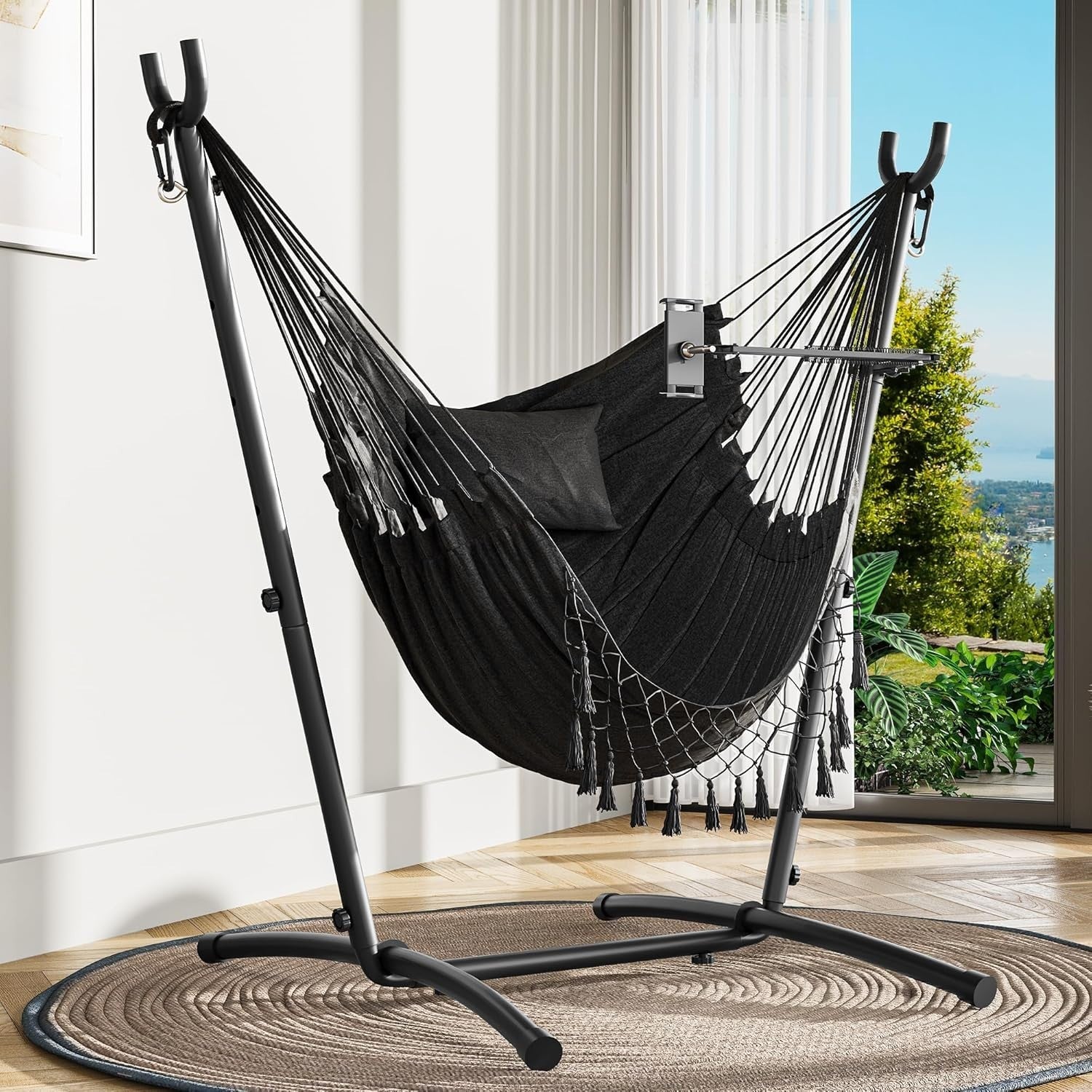 Heavy-Duty Outdoor Hammock Chair with Stand, Adjustable Phone Holder, 158x110x14