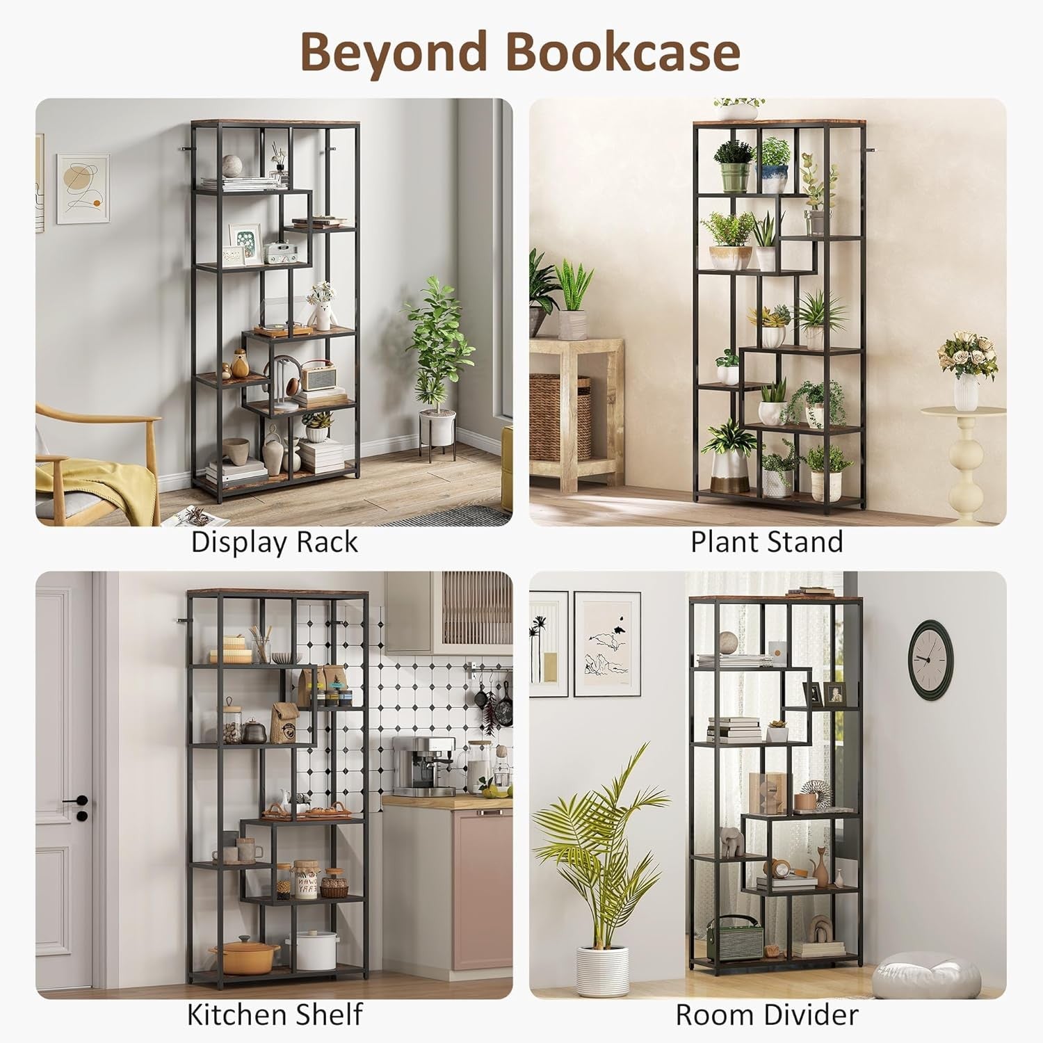 7-Tier Rustic Brown & Black Bookcase | Industrial Geometric Display Shelf Unit