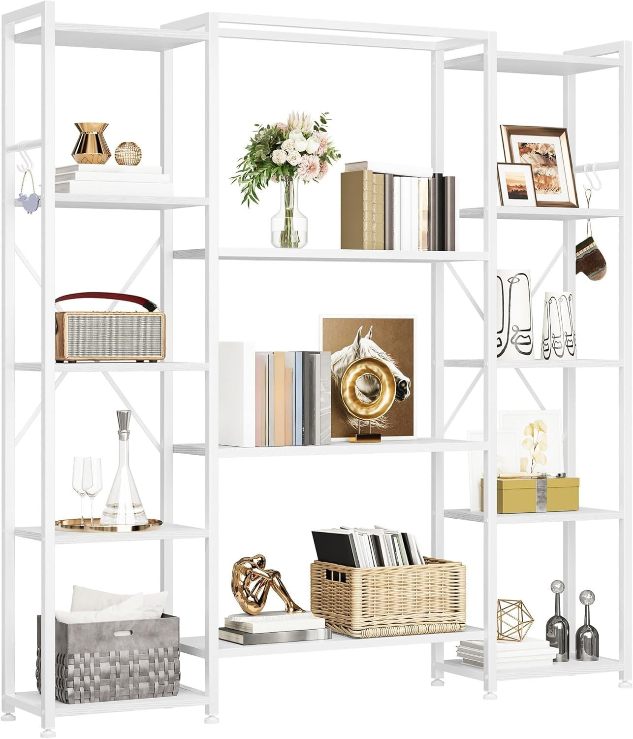 13 Shelf Industrial Bookcase Pure White Metal & Wood Storage Display Rack
