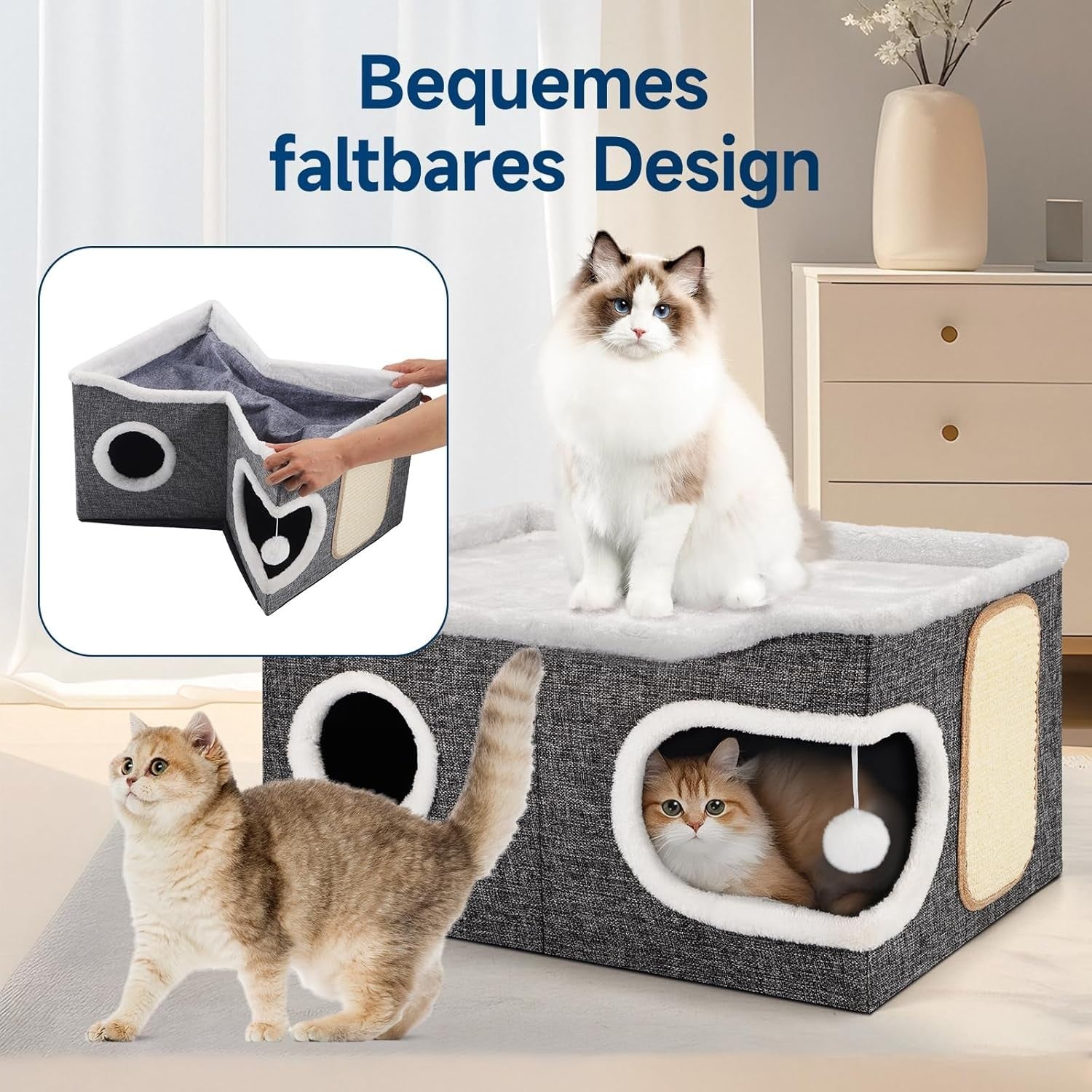Extra Wide Cat Cube House 2 Layer Cat Cave Bed Foldable w Scratch Pad