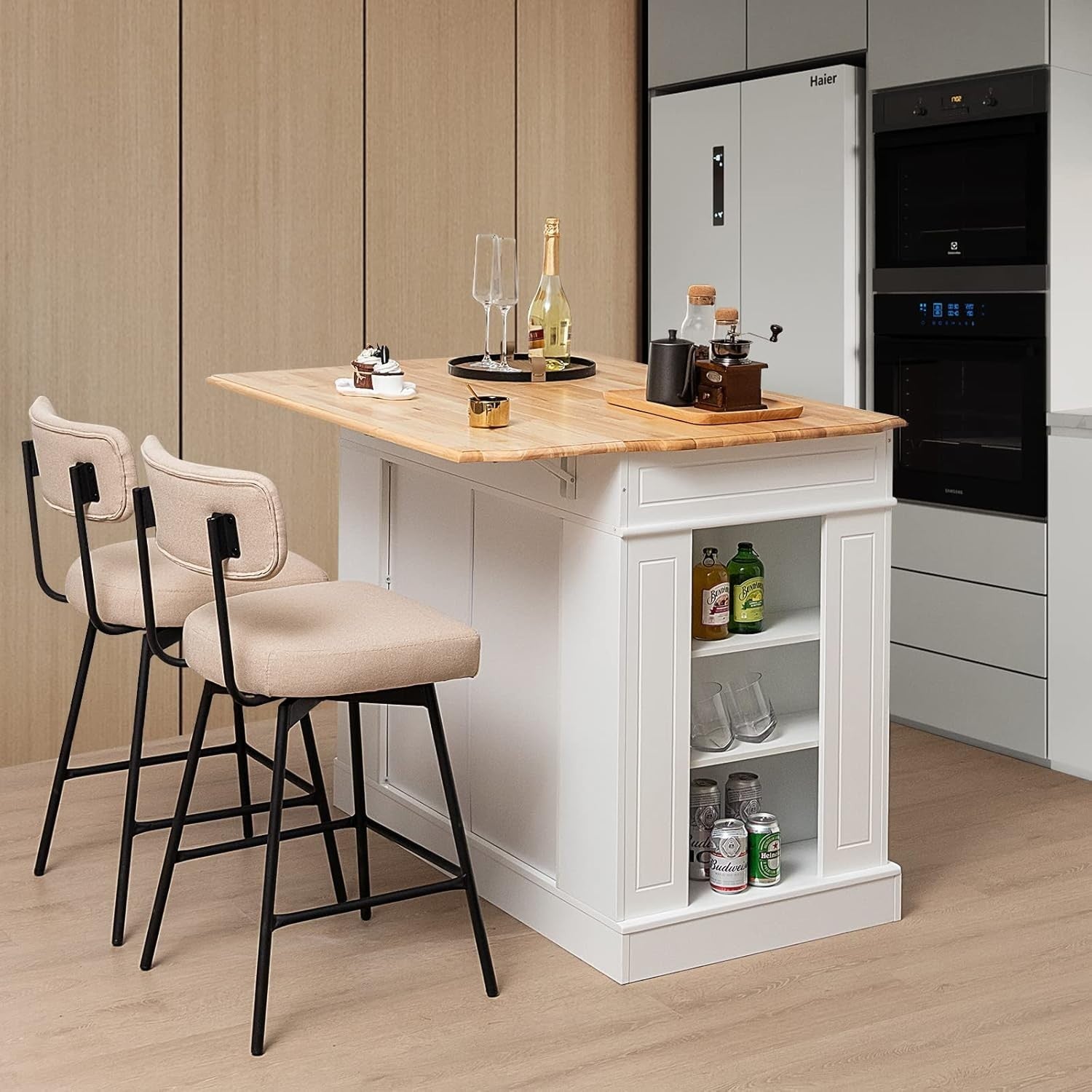Extendable Kitchen Island Cart with Adjustable Shelves, Drawers & Side Racks.