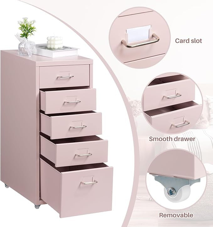 5 Drawer Metal File Cabinet with Wheels, Rolling Lockable Office Storage Unit