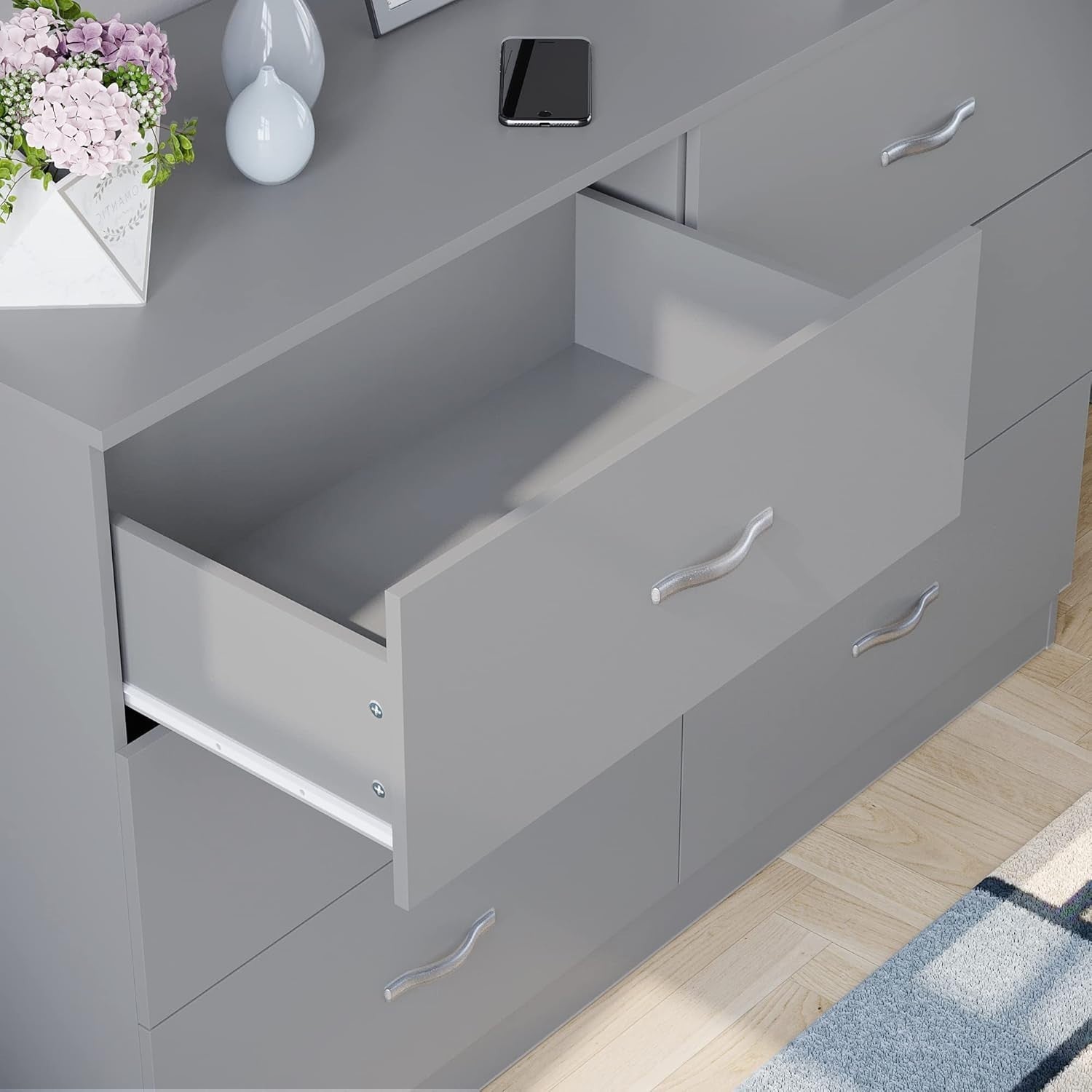 Grey 6 Drawer Chest Wide Bedroom Storage Unit Cabinet Modern Style
