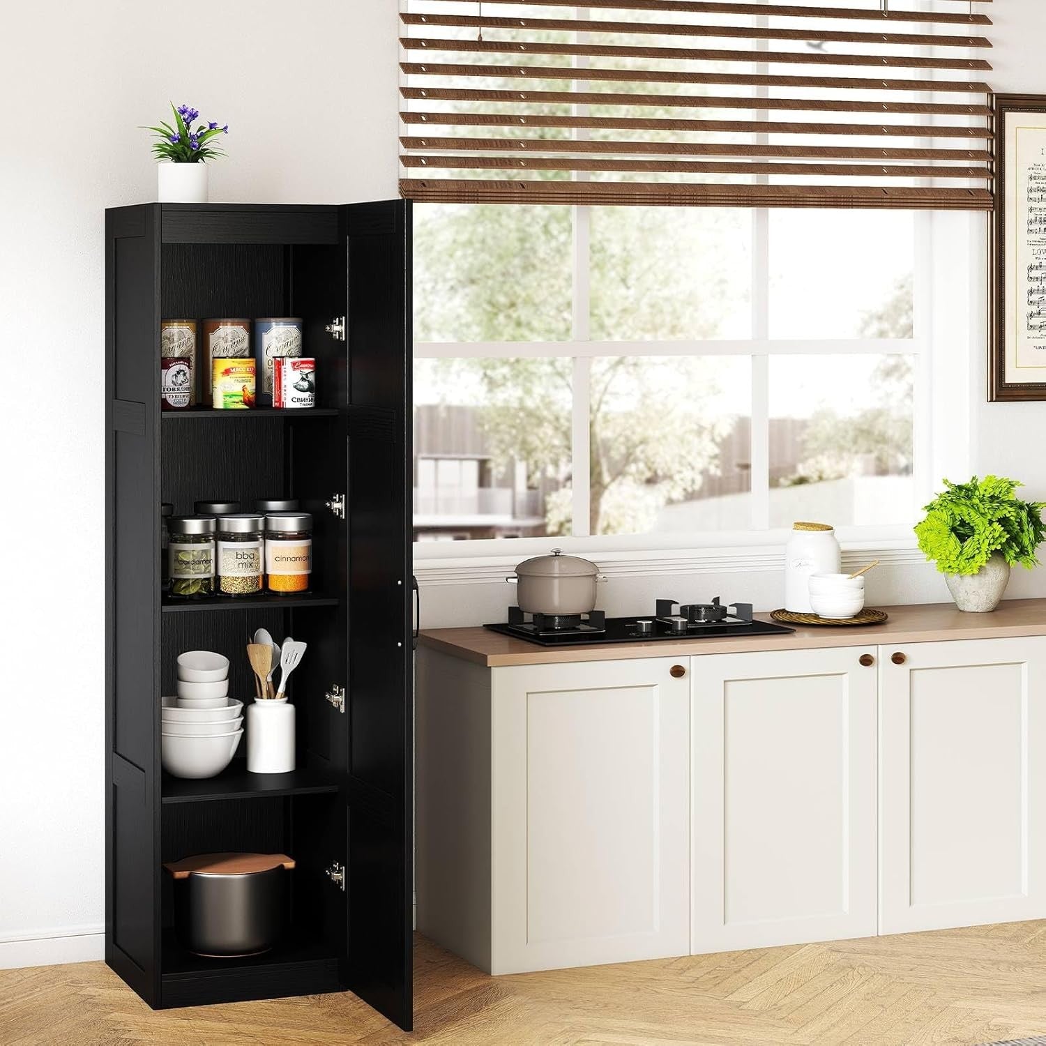 Tall Black Kitchen Cupboard 4 Tier Wooden Storage Cabinet Organizer Unit