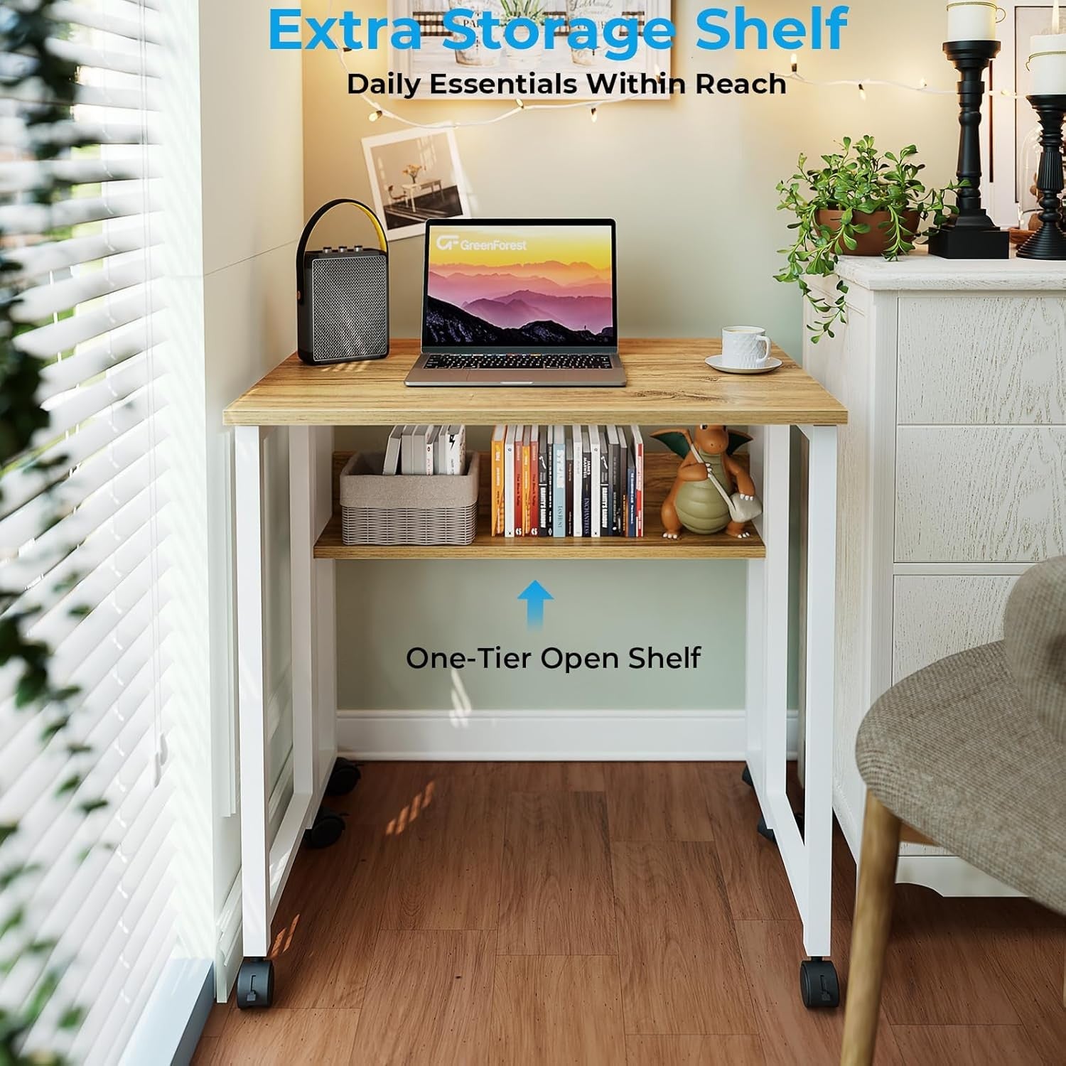 Small Folding Desk with Storage Shelf Rolling Computer Desk for Home Office