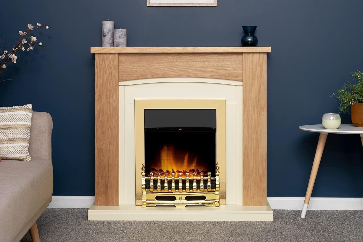 Wall Mount Electric Fireplace 2kW Heat Adjustable Thermostat Oak Cream