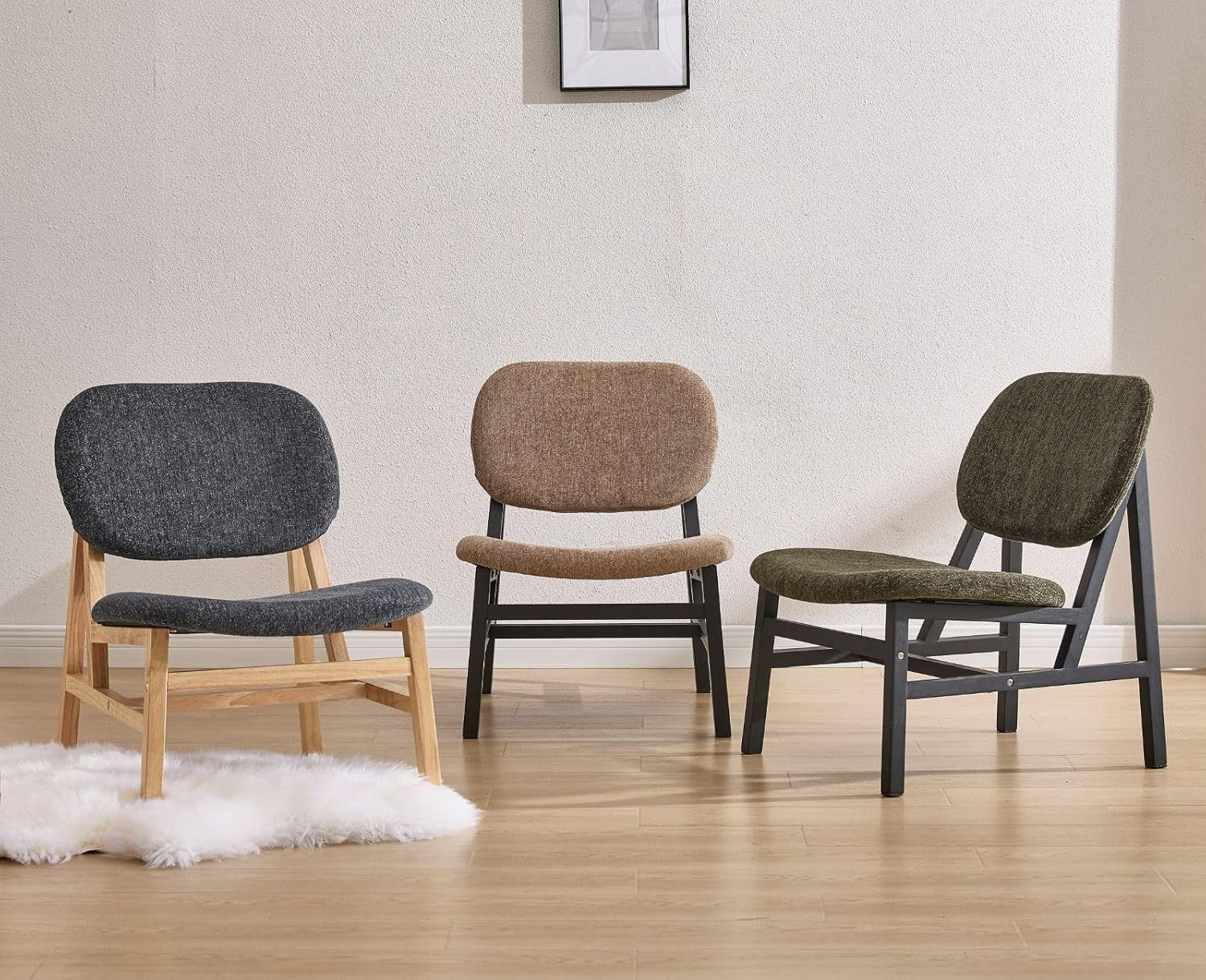 Retro Wooden Lounge Chair Chenille Fabric Armchair for Living Room Decor