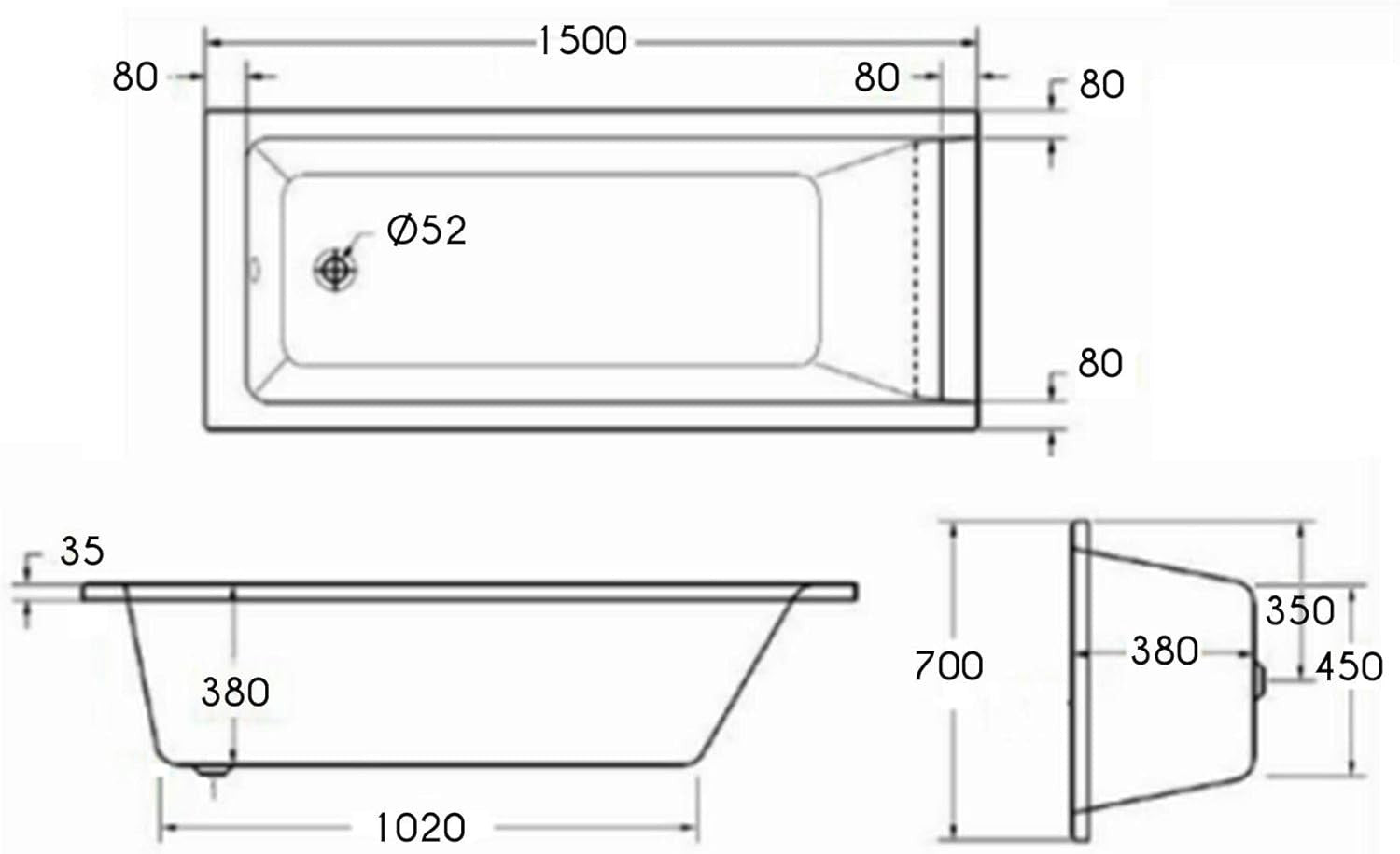 1500x700mm Designer Single Ended Acrylic Bath Tub White Square Soaking Spa