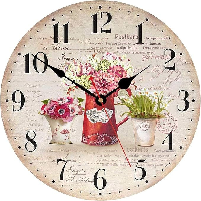 14" Rustic Floral Wall Clock Vintage Country Style Silent Easy Read Home Decor