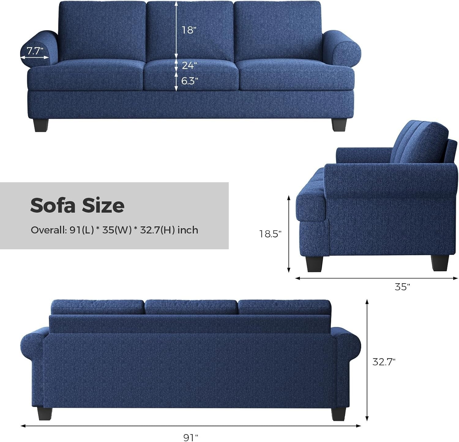 Luxury 3 Seater Deep Seat Sofa Blue Comfy Couch for Lounge Apartment