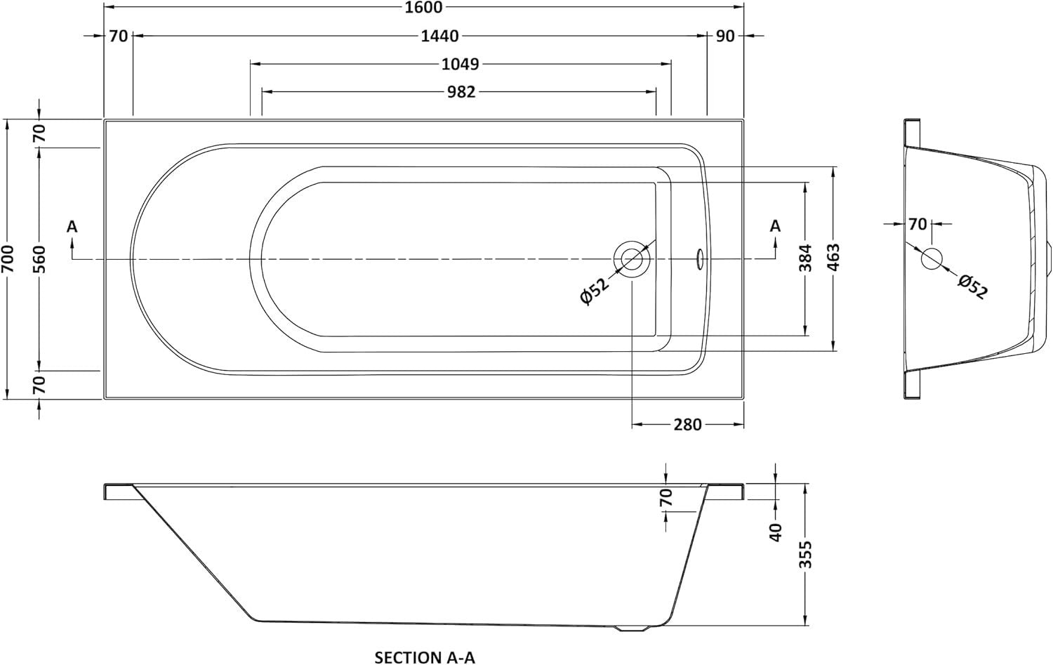 Modern White Gloss Single Ended Acrylic Bath 1600x700mm Curved Tub