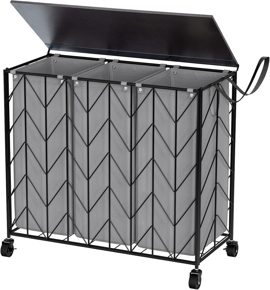 142L 3 Section Laundry Hamper Grey with Wheels Lid Heavy Duty Removable Bags