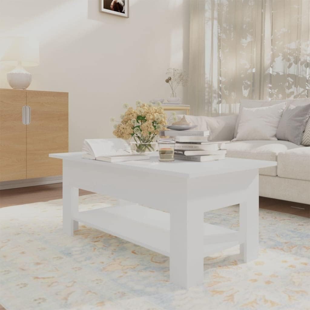 Modern Rectangular Coffee Table with Storage Shelf – Stylish, Durable White