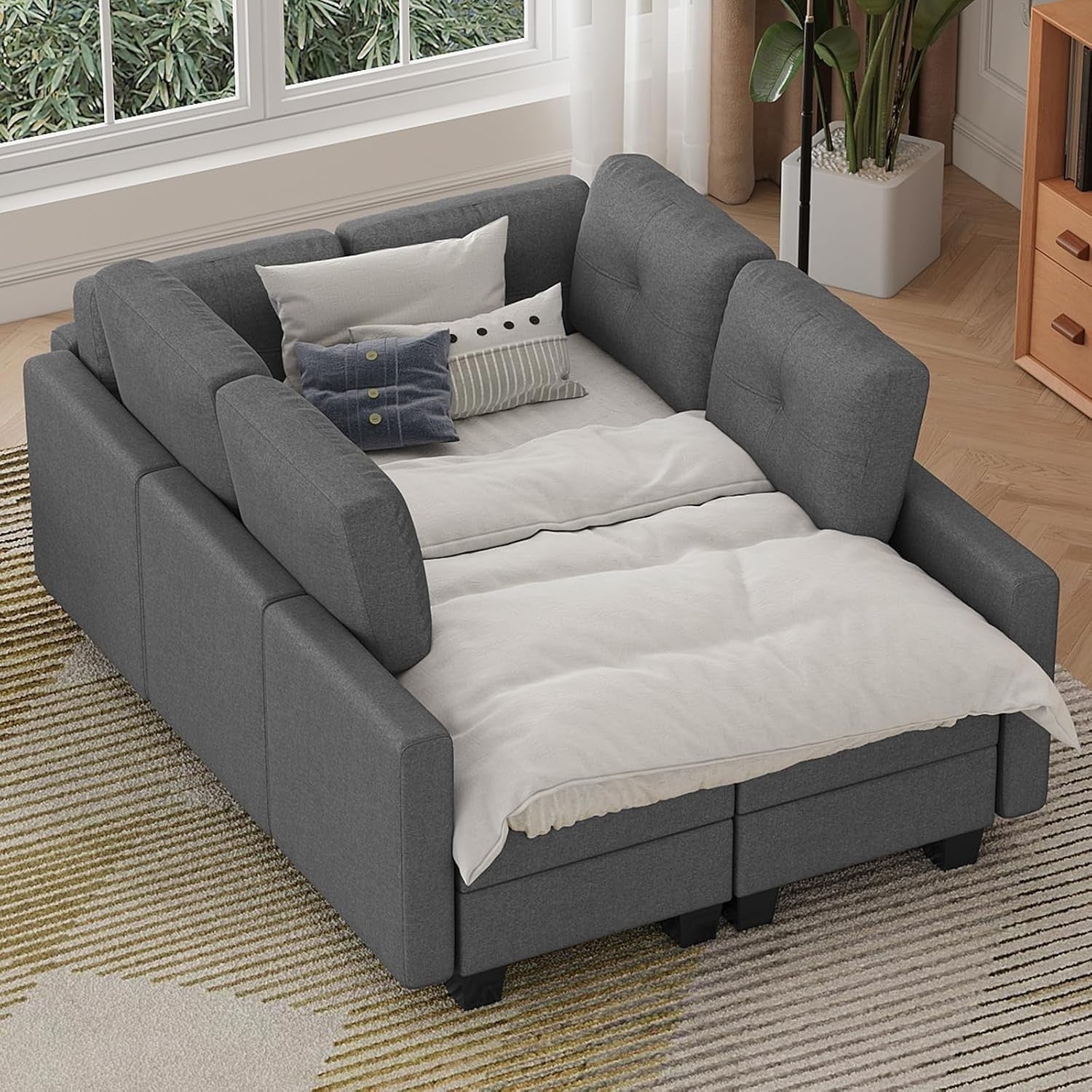 6 Seater Grey Sofa Bed L-Shaped Modular w/Storage Ottoman for Living Room
