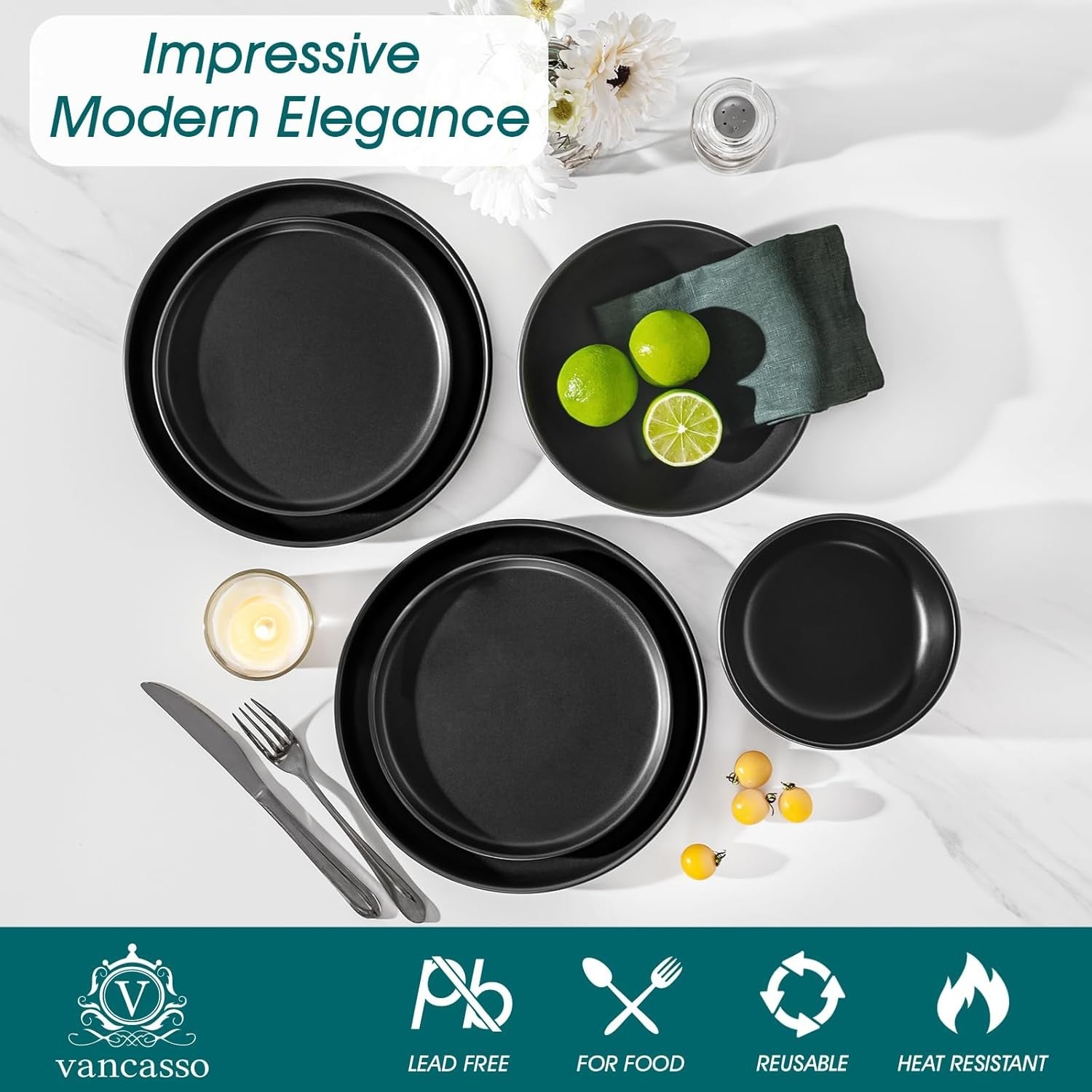 48pc Black Dinner Set Plates Bowls Matte Stoneware Crockery Service for 12