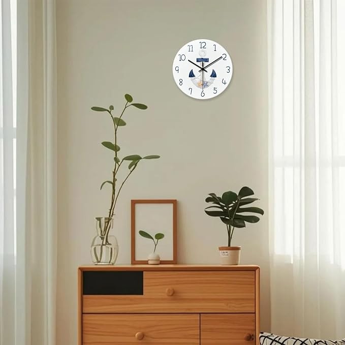 Nautical 12 White Wall Clock Coastal Anchor Design Silent Non Ticking Home Decor