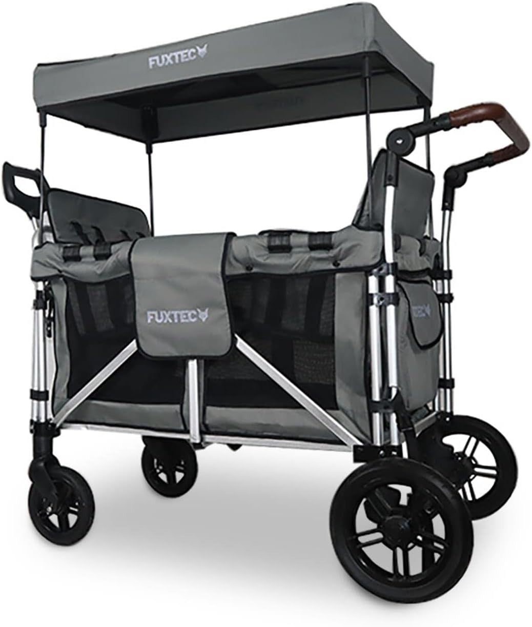 Grey XL 4-Seater All-Terrain Folding Kids Wagon with Canopy & Safety Belts