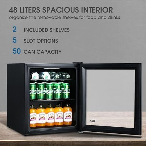 48L Mini Fridge Glass Door Compact Beverage Cooler Black