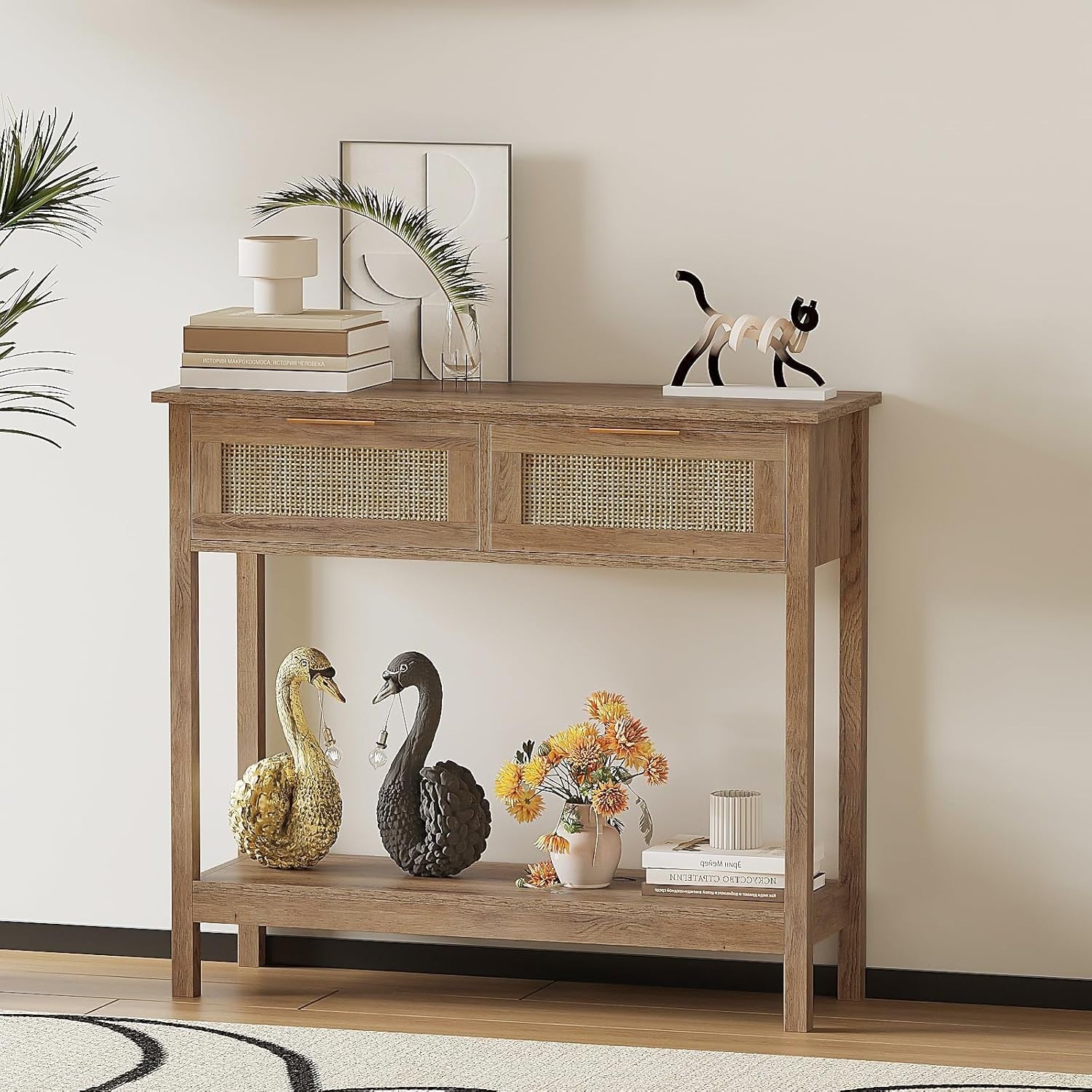 Rustic Boho Rattan Console Table with Drawers & Open Shelf, 29.5"x100"x81.5"