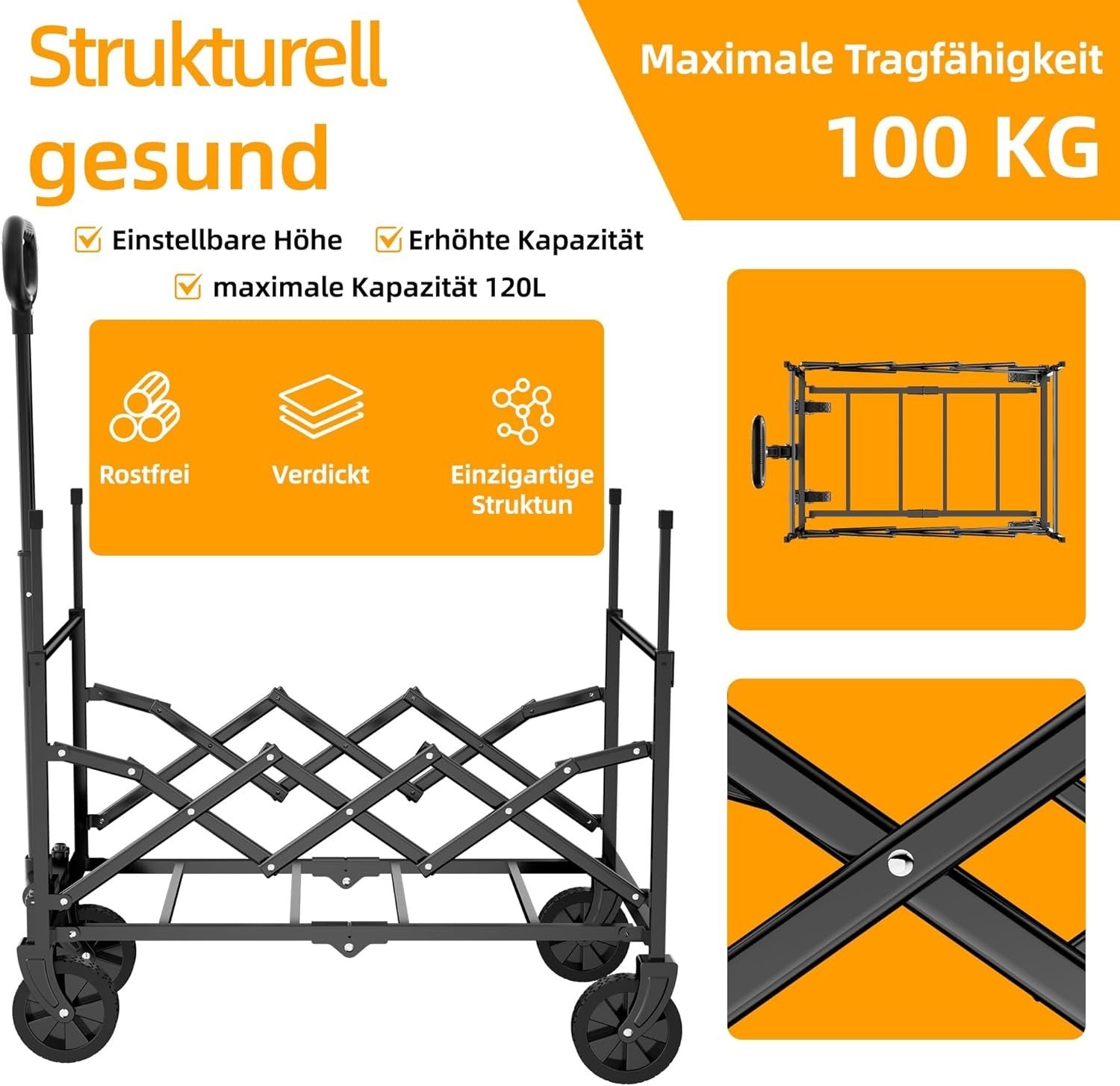 120L Folding Utility Wagon Cart Wheels Adjustable Handle Black