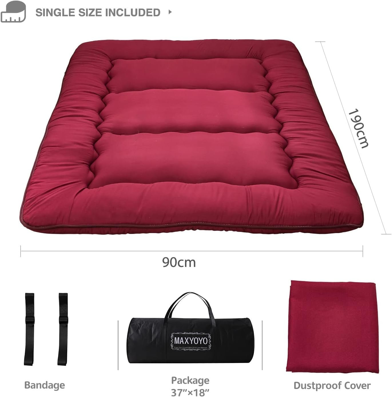 Burgundy Foldable Futon Mattress | Thick Quilted Floor Sleeping Pad, Portable