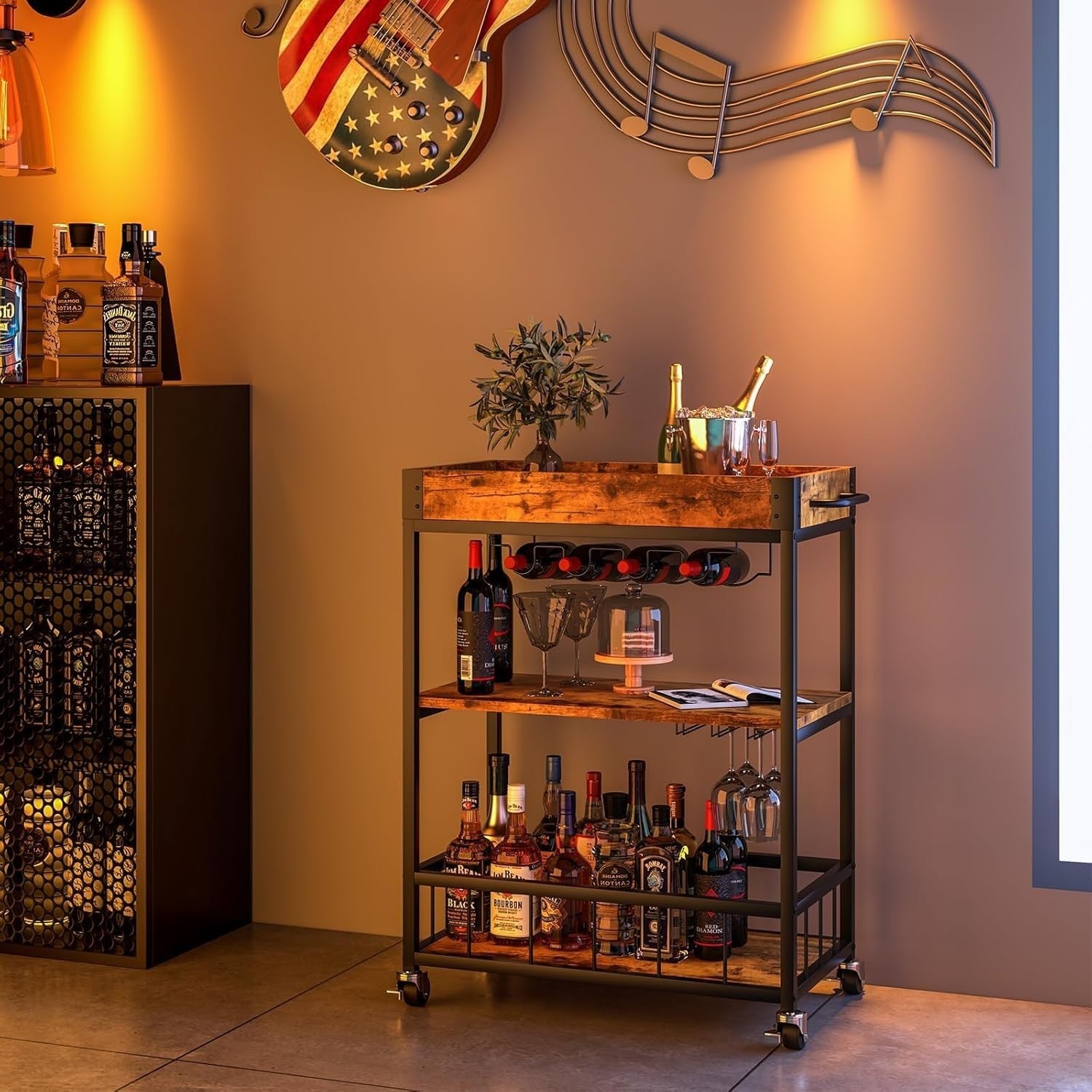 3 Tier Bar Cart Drinks Trolley with Wine Rack & Glass Holder