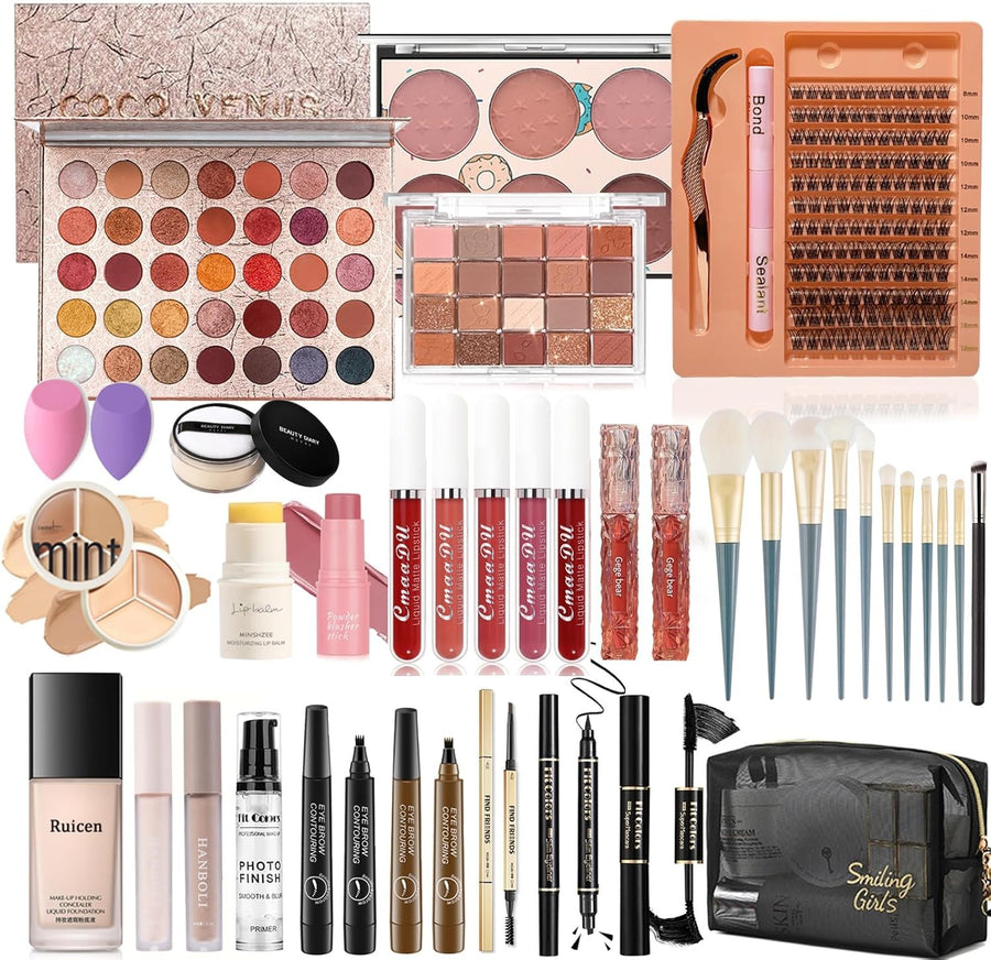 Professional Makeup Kit Set Full Face Palette Lashes Brushes Bag